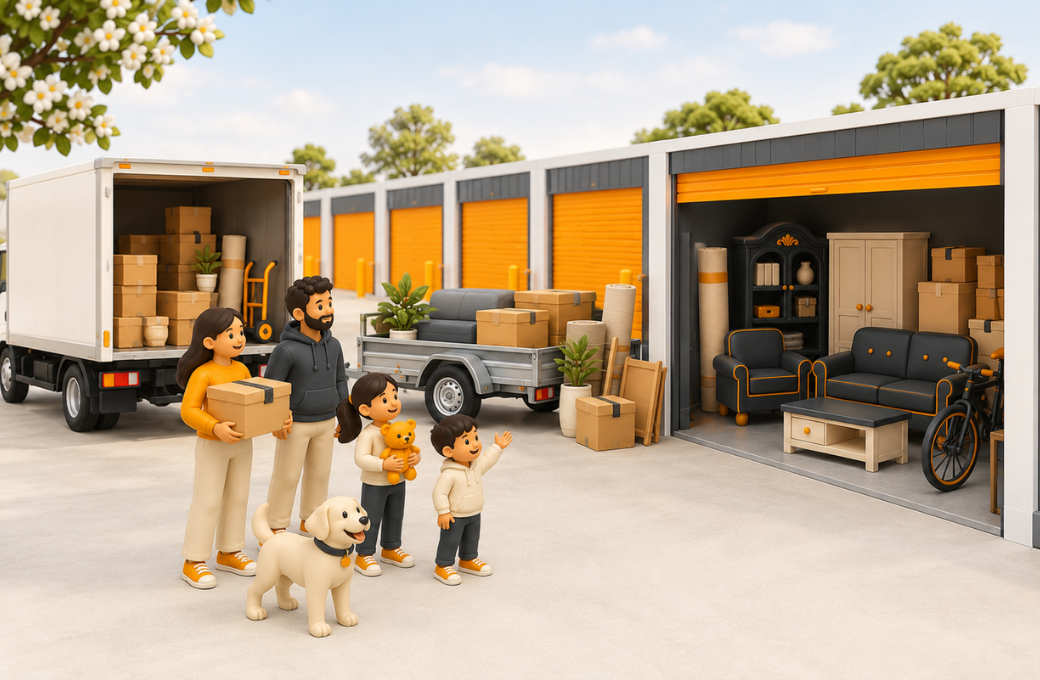Illustrated family and their dog outside a row of self-storage units, with a moving truck unloading nearby and furniture and boxes neatly stored in an open unit