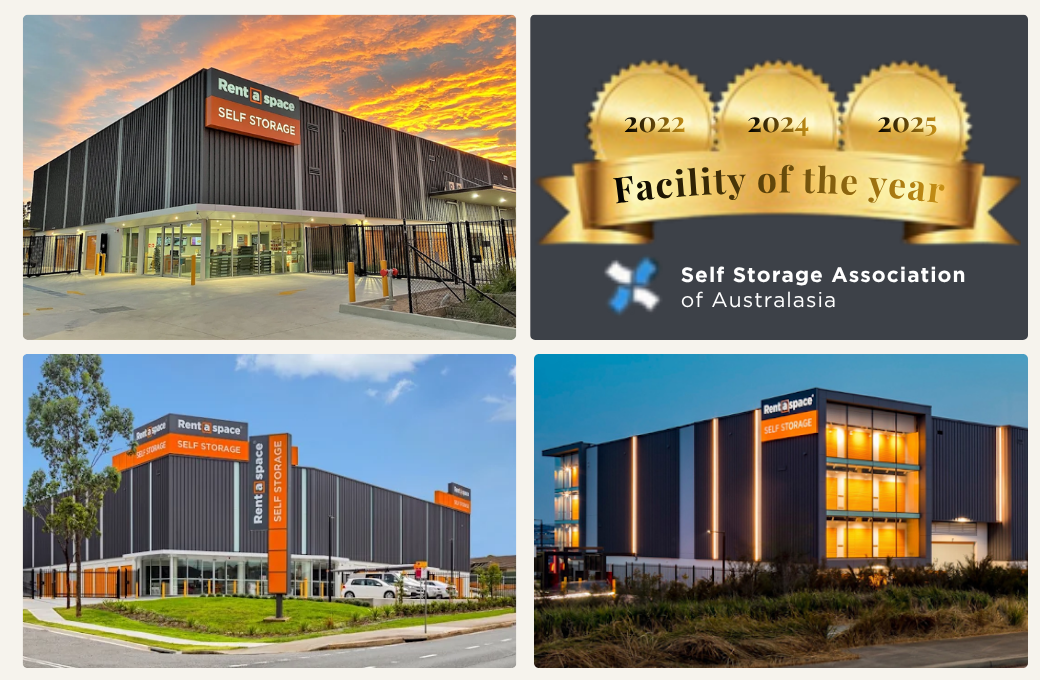 Collage of Rent a Space self storage facilities across NSW and ACT, alongside the Self Storage Association Australia's Facility of the Year awards for 2022, 2024 and 2025